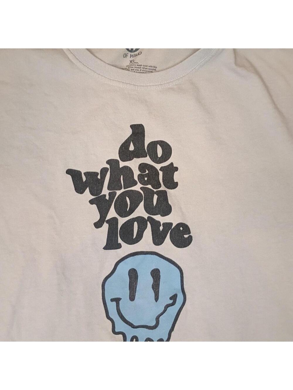 Peace Love World Men's Cream and Blue Tshirt